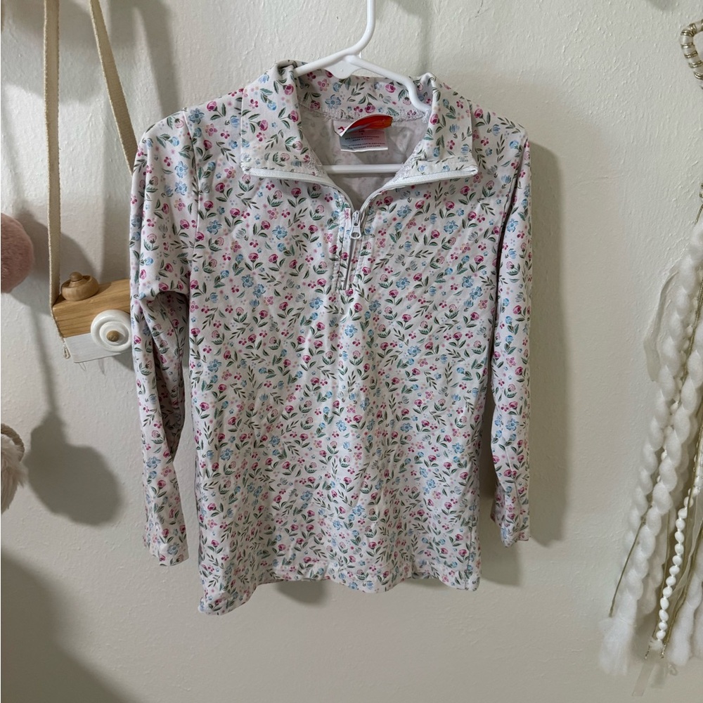 Girls' Cream Floral Half-Zip Pullover Top